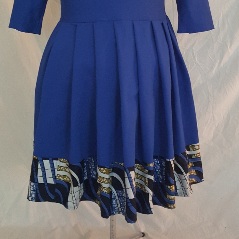 HANDMADE BLUE AND AFRICAN PRINT SKATER DRESS - Picture 6 of 7
